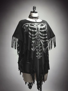 SHEIN ICON Plus Size Y2K Vintage Distressed Skull Print Fringe Cape Top Halloween - Black - View 3
