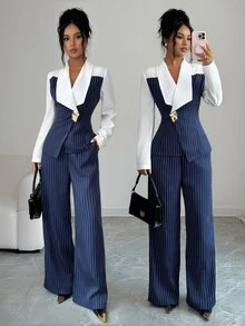 Elenzga Autumn Commute 2 Pieces Set Striped Patchwork Elegant Office Wear Women's 2 Pieces Set - Blue - View 3