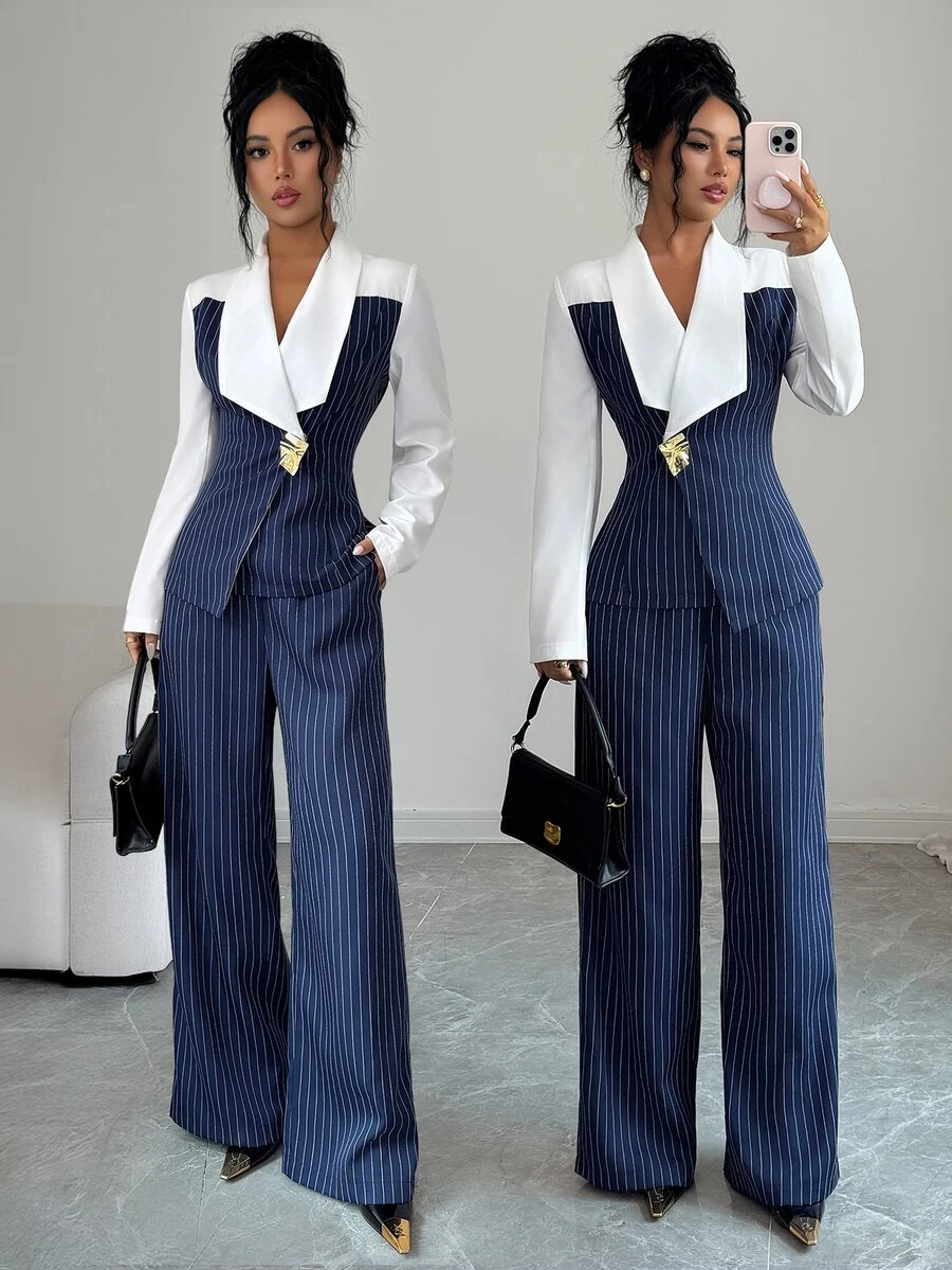 Elenzga Autumn Commute 2 Pieces Set Striped Patchwork Elegant Office Wear Women's 2 Pieces Set - Blue - View 1