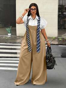 Maweii Plus Size Women's Striped Grommet Buckle 2 In 1 Wide Leg Jumpsuit - Khaki - View 1