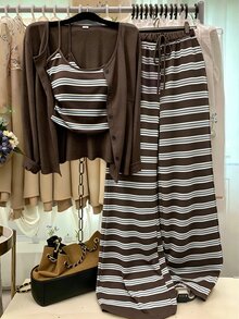 GlowEve CURVE Spring/Autumn Knitted Long Sleeve Cardigan With Front Button Closure, Striped Slim Fit With Drawstring Strap Decor, Elegant Commuter Style Plus Size 2-Piece Set With Pants - Brown - View 1