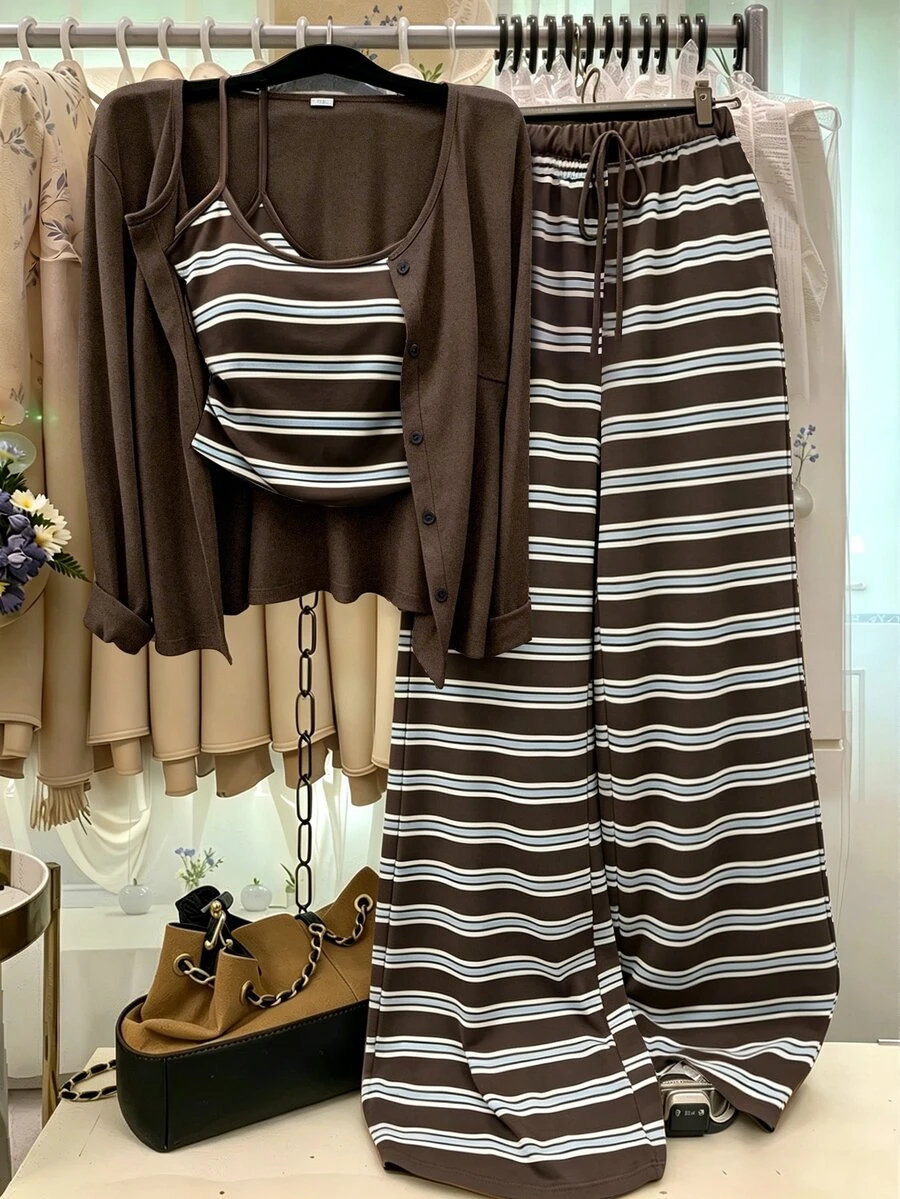 GlowEve CURVE Spring/Autumn Knitted Long Sleeve Cardigan With Front Button Closure, Striped Slim Fit With Drawstring Strap Decor, Elegant Commuter Style Plus Size 2-Piece Set With Pants - Brown - View 1