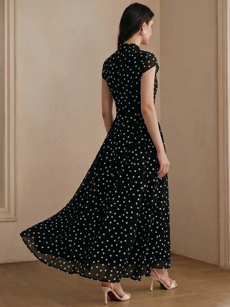 Anewsta Essential Women's Elegant Minimalist Premium Apricot Polka Dot Long Dress With Small Stand Collar And Fashionable Split Design