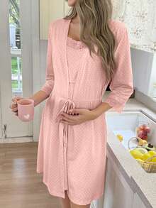 Moonlight&Mama 波點印花蕾絲飾邊孕婦內搭洋裝，適合媽媽四季穿著 - 藕粉色 - 查看 3