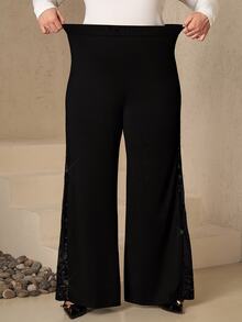 Chikora Plus Size Women's Mesh Patchwork Casual Versatile Daily Wear Long Pants - Black - View 3