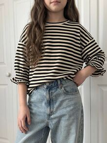 DAZY Tween Girls Apricot Knitted Striped Short Sleeve Round Neck Autumn Lantern Sleeve Loose T-Shirt - Apricot - View 1