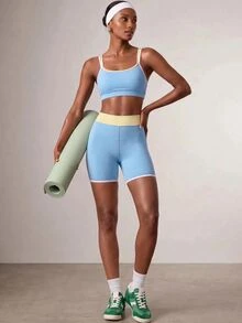 Zivah 女款短版背心與短褲運動服套裝，健身運動休閒穿搭，適合秋季 - 淺藍色 - 查看 7