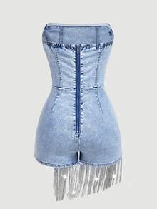 SHEIN MOD Women's Patchwork Sequin Tassel Hem Fashion Tube Top Denim Jumpsuit - Blue - View 9