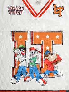 LOONEY TUNES X SHEIN Tween Boy Letter Print V-Neck Short Sleeve T-Shirt - White - View 4