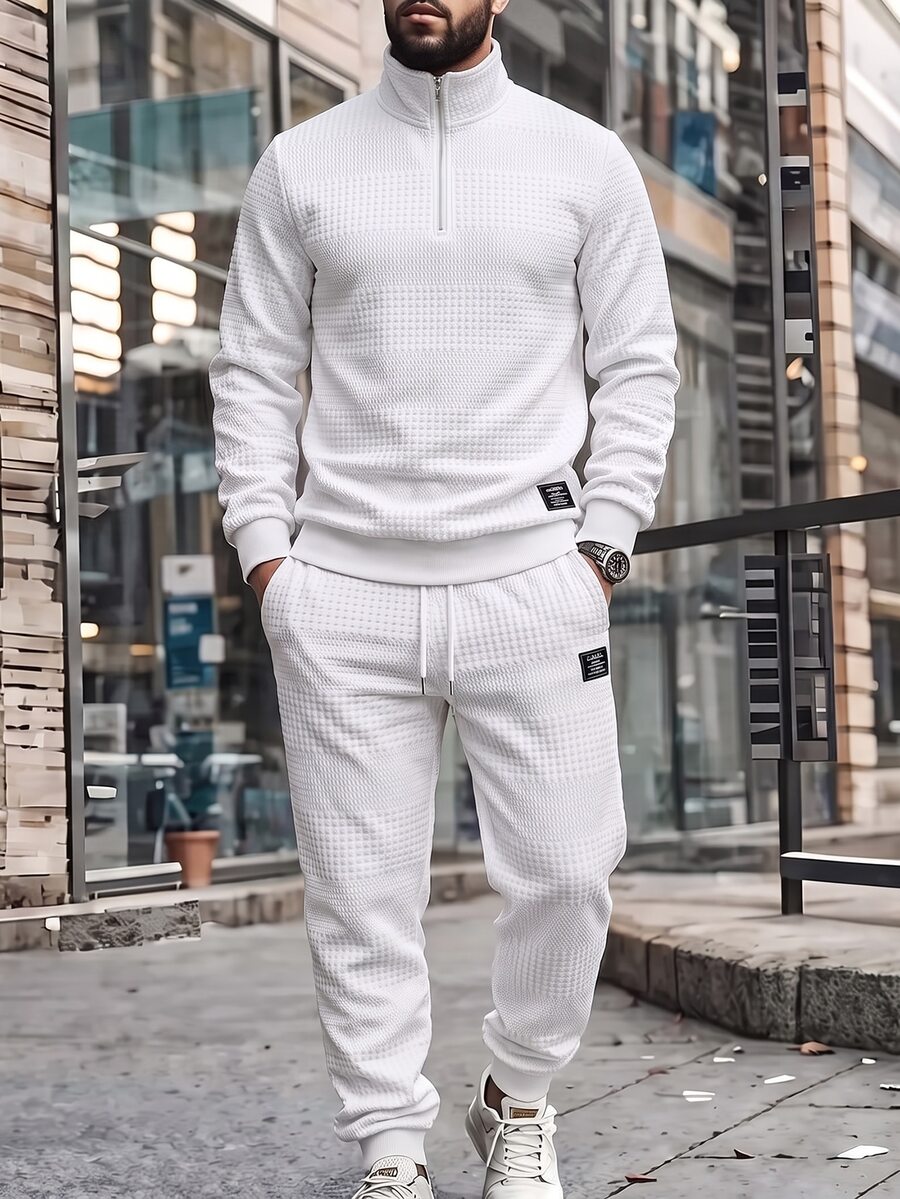 Manfinity Homme Men's Knitted Jacquard Solid Color Textured White Zipper Leather Patch Cuff Hem Leg Opening White Ribbed Pullover Sweatshirt Set - White - View 1
