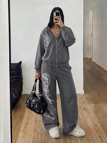 StreetHx Setelan 2 Potong Wanita: Hoodie Sweatshirt Oversized Motif Huruf Musim Gugur dan Celana Jogging Kasual Motif Huruf - Grey - View 4