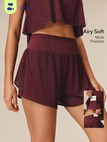 OutZeal Women Sports Shorts Summer Running Gym Workout High Waist Ruffled Hem With Zip Pocket - Burgundy - View 1