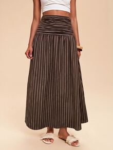 Travachic 女款高腰條紋百褶休閒通勤裙 - 咖啡棕 - 查看 5
