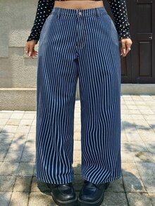 Rivivi Festival Plus Size Women's Blue Non-Stretch Striped Straight Leg Denim Pants - Dark Wash - View 8