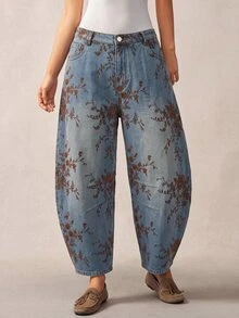 Bohemela 大尺碼女款寬鬆寬腿氣球版型花卉藤蔓印花牛仔褲，附口袋 - 藍色 - 查看 1