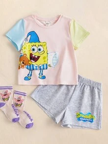 SpongeBob SquarePants | SHEIN Young Girl Cartoon Print Short Sleeve T-Shirt And Shorts Loungewear Set - Multicolor - View 1