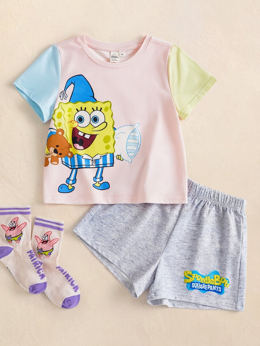 SpongeBob SquarePants | SHEIN Young Girl Cartoon Print Short Sleeve T-Shirt And Shorts Loungewear Set - Multicolor - View 1