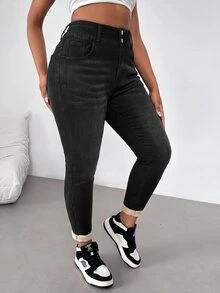 SHEIN ICON 大尺碼女款高腰彈性緊身牛仔褲，雙鈕扣深色水洗錐形牛仔褲，捲邊褲腳，修身日常穿搭黑色灰色牛仔褲 - 黑色 - 查看 4