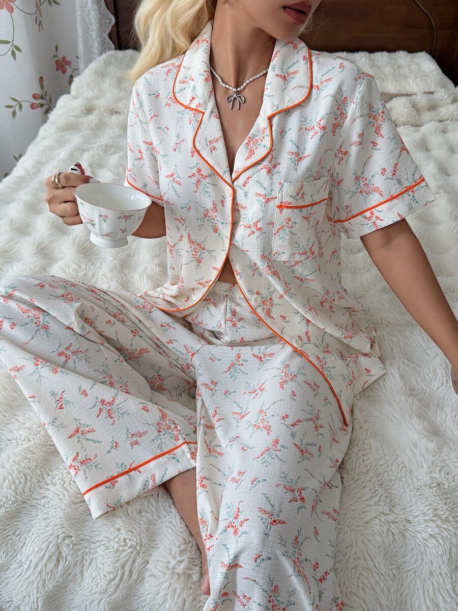 CottageSlumber Women's Floral Print Lapel Short Sleeve Long Pants Bubble Crinkle Pajama Set - Burnt Orange - View 1