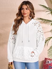 Rusticease Plus Size Women's Contrast Lace Raglan Long Sleeve Pocket Drawstring Hooded Sweatshirt Fall - White - View 8