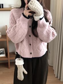 DAZY Women's Contrast Color Korean Style Long Sleeve Cardigan, Autumn/Winter - Pink - View 7