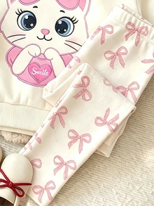奶油杏色 柔軟甜美亮片蝴蝶結卡通貓咪絨毛貼布繡圖案 少女休閒舒適寬鬆圓領套頭衛衣與休閒刷毛內搭褲 2件套，適合秋冬日常、開學季、新季節，甜美女孩風 - 彩色 - 查看 5