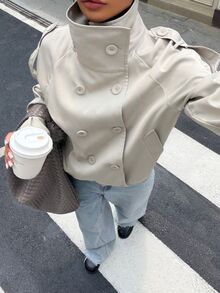 Muchica Women's Solid Color Stand Collar Casual Versatile Daily Commute Trench Coat Jacket Work Everyday Light Grey Autumn - Khaki - View 3