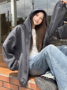 DAZY Women's Solid Color Hooded Zip-Up Casual Everyday Sweatshirt Fall Oversized T Shirts For Women - Grey - View 4