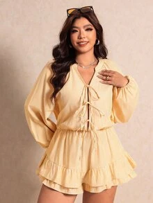 Elaquor Plus Size Casual Commute Striped Tie-Front Romper Fall - Yellow - View 4