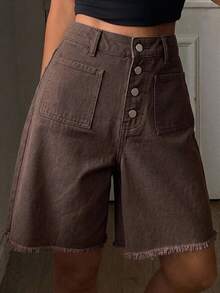 Livesso Women's Brown Vintage Street Style Pocket Casual Vacation Straight Wide Leg 5-Inch Denim Shorts - Brown - View 2