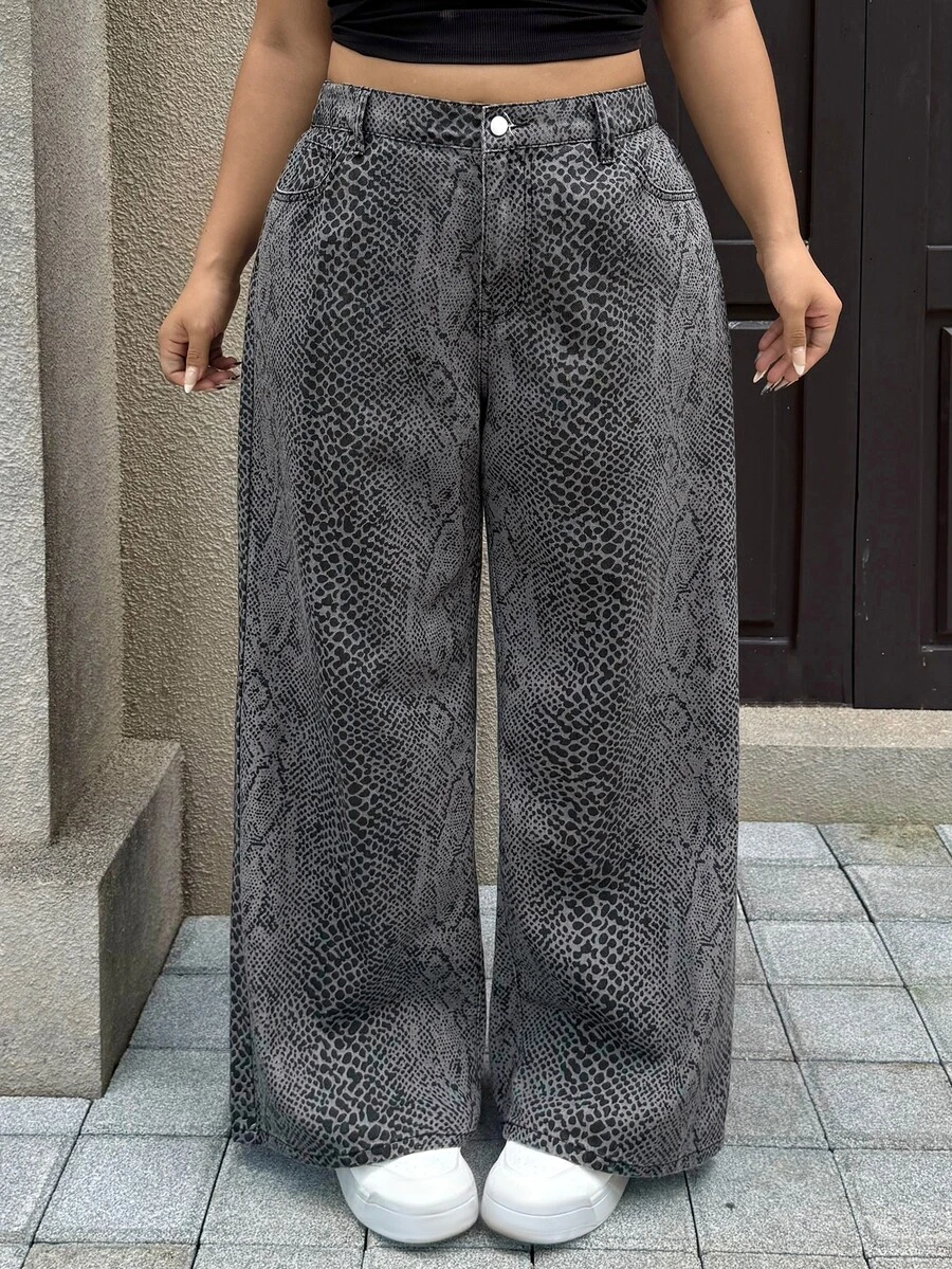 Flexra Plus Size Fashion Versatile Button Pocket Loose Snake Print Denim Jeans Date Night Formal Black Fall Winter Casual 90s Wide Back-To-School Outfits - Grey - View 1