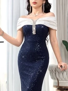 Modelyn Women's Contrast Color Off-Shoulder Patchwork Sequin Elegant Glamorous Long Dress - Blue - View 8