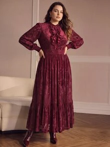 MOTF PREMIUM PLUS AUTUMN/WINTER ROMANTIC VELVET JACQUARD LONG SLEEVE DRESS - Burgundy - View 5