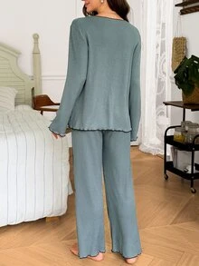 Moonlight&Mama Casual Solid Color Ribbed Fabric Collared Long Sleeve Pullover Top With Bow Detail And Pants Maternity Loungewear Set, Comfortable Home Wear - Navy Blue - View 2