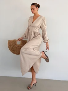 Siren Gaze Solid Color Elegant V-Neck Shirt Dress With Silk Button Details, Cream Color, Autumn - Apricot - View 5