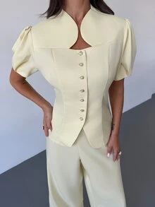 Firerie Women's Solid Color Short Petal Sleeve Single-Breasted Jacket And Wide Leg Pants Elegant Suit Set - Light Yellow - View 10