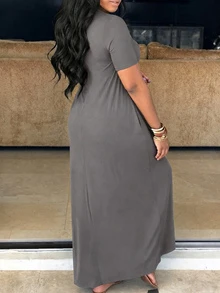 INAWLY Plus Size Summer Casual Solid Color Dress - Grey - View 2