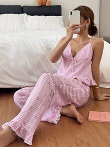 Napfluff Fashion Striped Bow Print V-Neck Frill Trim Camisole & Long Pants Pajama Set - Hot Pink - View 3