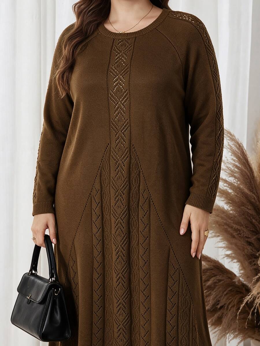 Lacomfia Plus Size Vintage Lace Fashion Long Sleeve Sweater Dress For Vacation - Brown - View 1