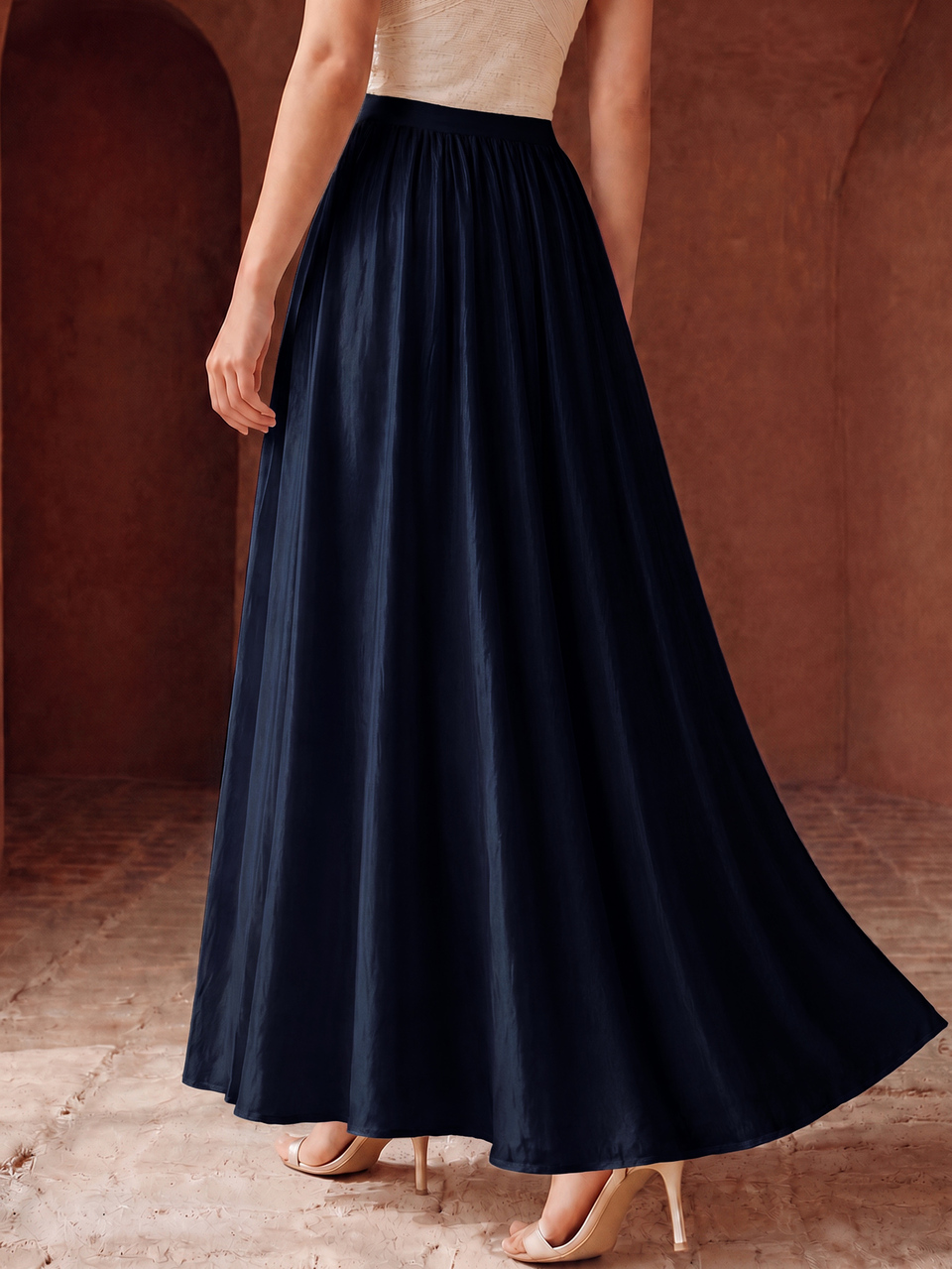 Anewsta Essential Summer New Fashion Elegant Flowy Elegant Shimmering Chiffon A-Line Full Skirt Long Skirt