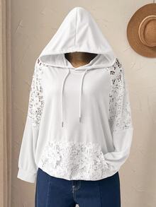 Rusticease Plus Size Women's Contrast Lace Raglan Long Sleeve Pocket Drawstring Hooded Sweatshirt Fall - White - View 6