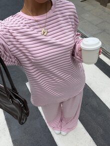 Muchica 2件組女款休閒學院風套裝：粉色條紋保暖長袖T恤與長褲兩件套（假期返校）早午餐秋季穿搭 - 粉色 - 查看 3
