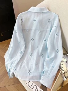 INAWLY 大尺碼女款純色休閒浪漫百搭日常穿著襯衫 早午餐 正式場合 淺藍色 秋季 - 淺藍色 - 查看 2