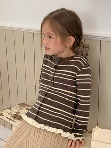 Hapijoa Young Girls' Striped Color Block Frill Trim Basic Short Cardigan Sweater, Autumn/Winter - Brown - View 5