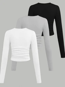 SHEIN Tween Girls' Casual Basics Solid Color Knitted Elastic Long Sleeve Undershirt Tops Mult - Multicolor - View 5
