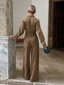 DAZY Women's Casual Brown Denim Jumpsuit Long Sleeve Tops - Brown - View 5