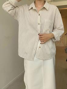 DAZY 休閒通勤條紋長袖襯衫 - 白色 - 查看 5