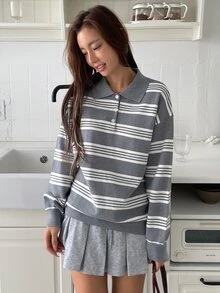K-Vae Women's Casual Colorblock Striped Sweater, Autumn/Winter - Grey - View 5