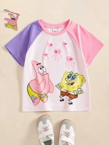 SpongeBob SquarePants | SHEIN Young Girl Colorblock Cartoon Print Short Sleeve T-Shirt - Mauve Purple - View 1