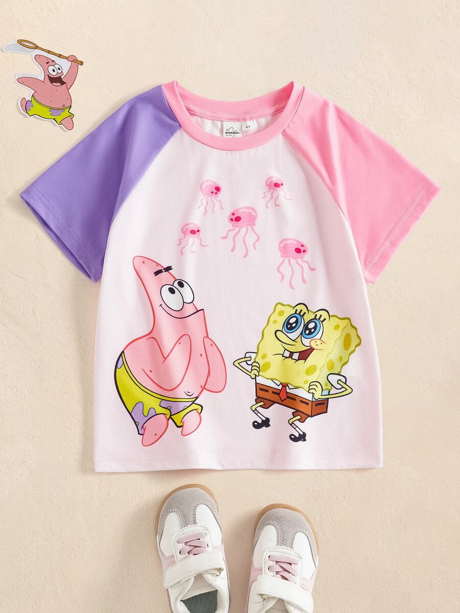 SpongeBob SquarePants | SHEIN Young Girl Colorblock Cartoon Print Short Sleeve T-Shirt - Mauve Purple - View 1